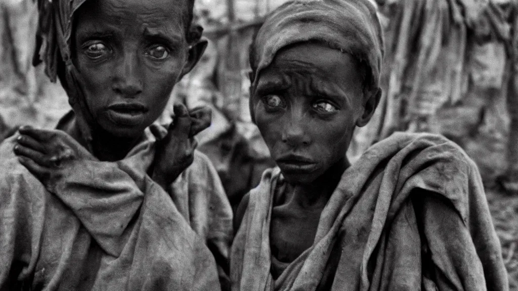 Image similar to 1984 Ethiopian famine and drought, moody, dark, portrait picture, movie scene, hd, 4k