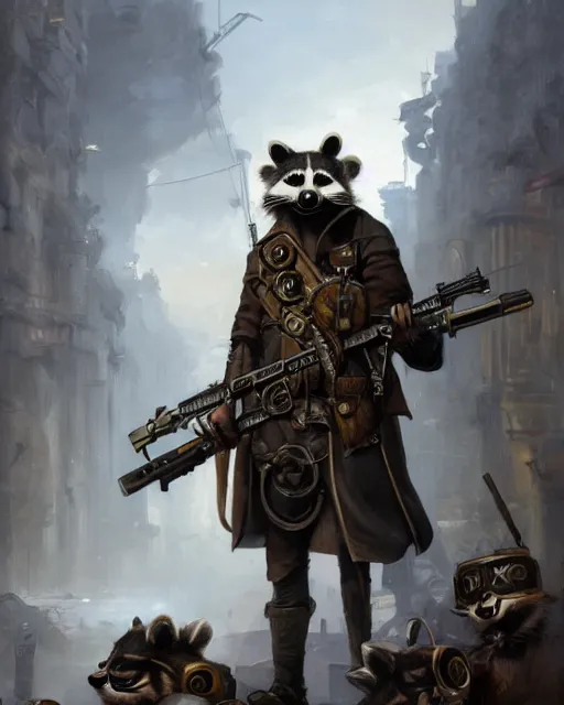 Image similar to oil painting of anthropomorphized raccoon legion holding rifles, steampunk clothes, steampunk city background, sharp focus, fantasy style, octane render, volumetric lighting, 8k high definition, by greg rutkowski, highly detailed, trending on art Station, dungeons and dragons artwork, centered