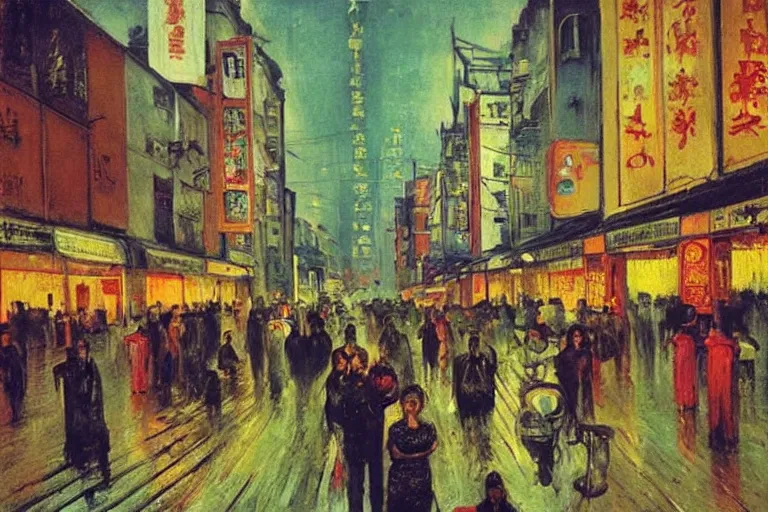 Image similar to dream festival in a city, low angle view from a city street lined with shops and apartments, glowing street signs, revelers playing games and shopping at a night market, oil painting by edvard munch, beksinski, city like hong kong, tokyo, barcelona