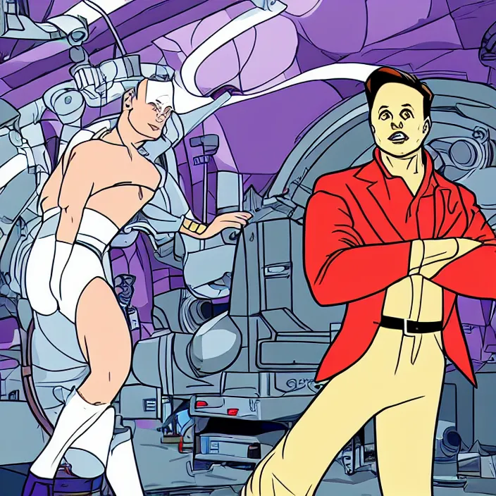 Prompt: elon musk as an evil character in totally spies, in front of a complex machine, scheming and plotting his revenge. full body shot. cartoon. in the style of totally spies.