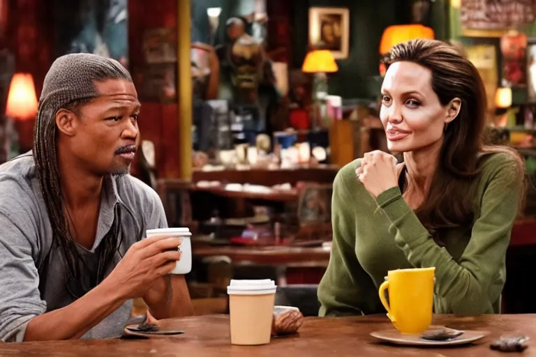 Image similar to angelina jolie and the predator, best friends, drinking coffee at central perk, still photo, hyperrealistic, 35mm, 8k, by weta digital