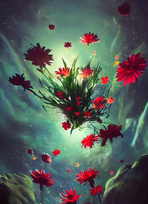 Image similar to An epic fantastic realism comic book style painting of the most beautiful spinning flowers floating into the dark and starry cosmos, exquisite bouquets, fisheye, a star implodes, unreal 5, DAZ, hyperrealistic, octane render, dynamic lighting