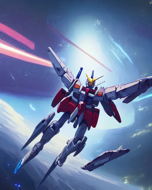 Image similar to highly detailed vfx portrait of a gundam with wings of feathers beam saber fighting in space with a beam gun, unreal engine, greg rutkowski, loish, rhads, beeple, makoto shinkai and lois van baarle, ilya kuvshinov, rossdraws, tom bagshaw, alphonse mucha, global illumination, detailed and intricate environment