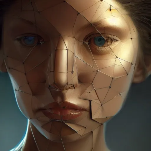 Prompt: artificial intelligence face being built piece by piece, almost done, fibonacci, intricate, highly detailed, digital painting, artstation, concept art, smooth, sharp focus, illustration, unreal engine 5, 8 k, art by artgerm and greg rutkowski and alphonse mucha