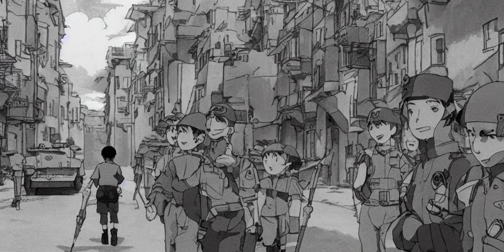 Prompt: wholesome animation studio Ghibli of a young soldier walking near some nazists and tanks in the city of Genova. Sharp bloom dramatic lightning