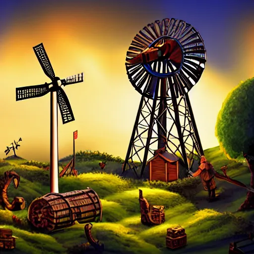 Image similar to discworld theme, linux, windmill, broken pipe, 3 d art, digital illustration, perfect lighting