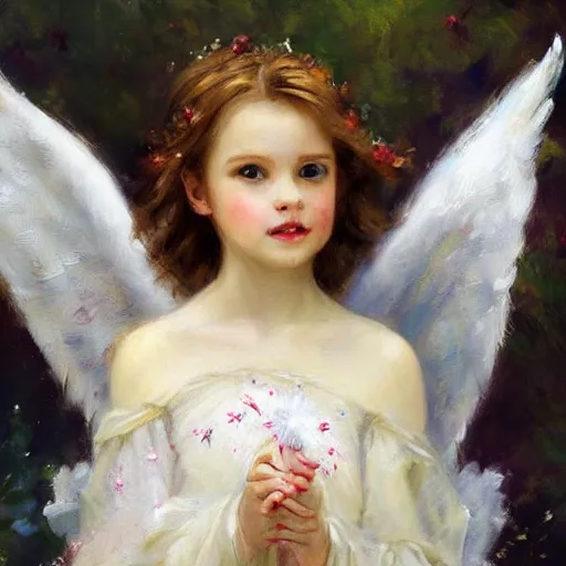 Prompt: a beautiful portrait of an angel with pretty face and her huge white wings spread out painted by gerhartz, highly detailed, beautiful illumination, graceful and elegant,.