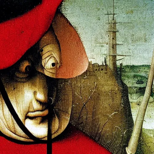 Image similar to close up of Waldo from Where’s Waldo painted by Hieronymus Bosch