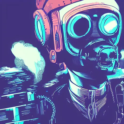 Image similar to in the style of max prentis and deathburger and laurie greasley a close up of a young explorer wearing a cyberpunk headpiece sitting connected to an ancient and huge mechanical head, highly detailed, 8k wallpaper