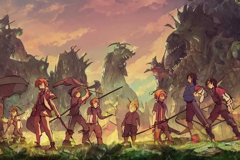 Image similar to cell shaded key visual of a group of adventurers being defeated by monsters in a dungeon, in the style of studio ghibli, moebius, makoto shinkai,