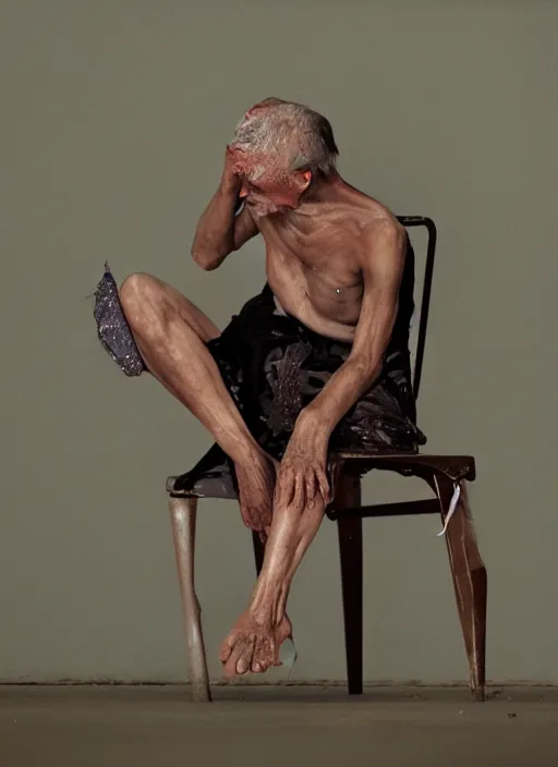 Image similar to poor, suicide, rope, sweat, chair, feet, finger, cried, hurt, highly details, most incredible modern photography awards, anna forsterling, saul bromberger, hoang long ly, yulia nevskaya, suzanne engelberg, dale odell,