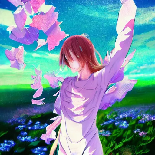 Prompt: beautiful placid painterly neat portrait dappled textured impasto rough brush anime spacesuit matte rough technology futuristic flittering fluttering barely recognizable dappled strokes and delightful composition petals fluttering in the wind tulip rose bleeping swirling kaleidoscopic portrait of a brilliant traveler from the future pastel illustration trending on pixiv anime style too