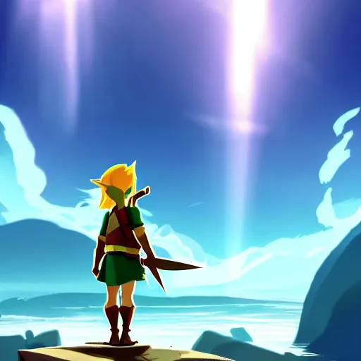 Image similar to link standing on an island ready for battle with a pirate ship in the distance, dramatic lighting, diffused light, haze, lens flare, detailed wind waker concept art, trending on artstation