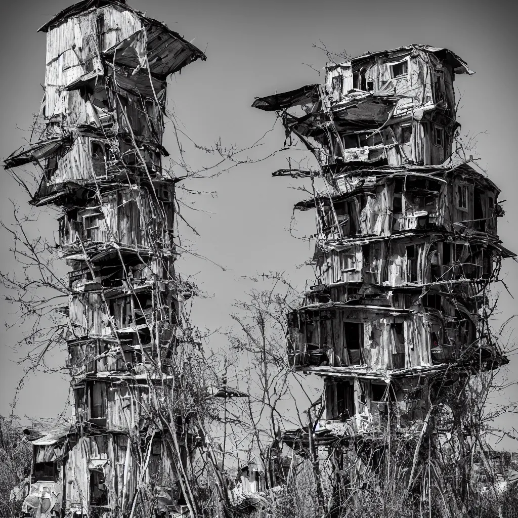 Image similar to a tower made up of makeshift squatter shacks, dystopia, sony a 7 r 3, f 1 1, fully frontal view, photographed by ansel adams, ultra detailed,