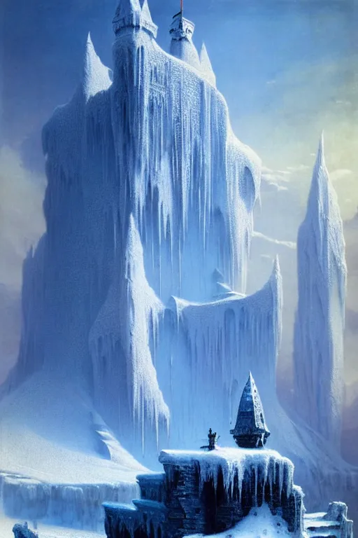 Prompt: castle of ice by bruce pennington and gustave courbet, 4 k, hd, amazing details, sharp focus, post - processing, smooth