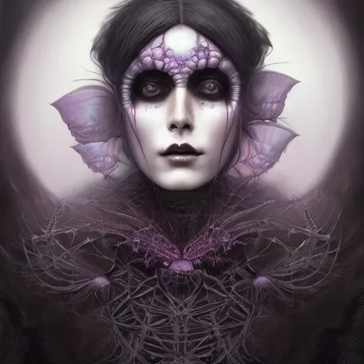 Image similar to tom bagshaw, soft painting fractal curiosities carnival, single beautiful spider queen facing camera in full nightshade gothic armor, accurate features, focus, very intricate ultrafine details, black white purple volumetric clouds, award winning masterpiece, octane render 8 k hd