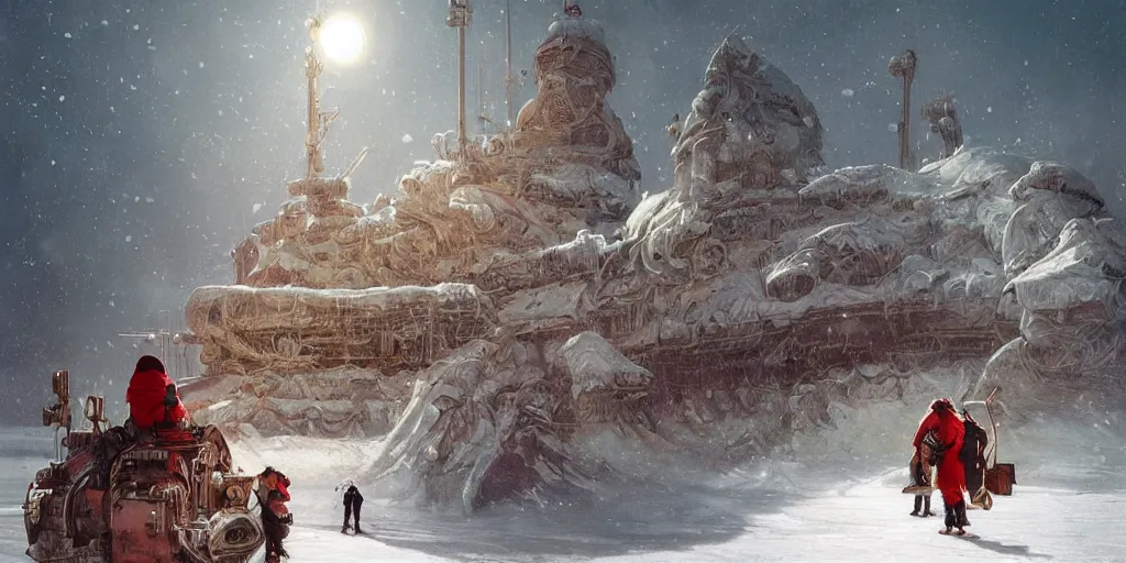 Prompt: North pole, snow, Gargantuan Mothership landing on ice, lasers attack on people and laboratories, wide angle, professional kodak lenses, magic, fire, face painting, dramatic lighting, intricate, wild, highly detailed, digital painting, artstation, concept art, smooth, sharp focus, illustration, art by artgerm and greg rutkowski and alphonse mucha, footage from space camera