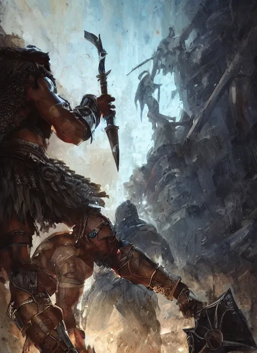 Image similar to ancient historically accurate depiction of the Bible Character Goliath of Gath, the Philistine warrior giant in ancient persian chainmail armor, dramatic lighting art by Yoji Shinkawa by Richard Schmid by greg rutkowski by Sandra Chevrier by Jeremy Lipking cinematic dramatic