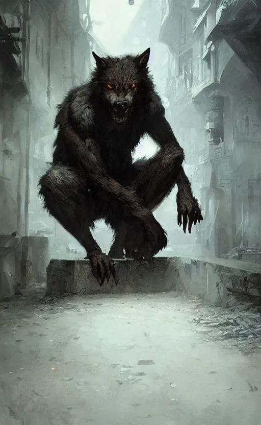 Image similar to hyperrealistic, Portrait of a werewolf crouched in a dark alley, fantasy, highly detailed, cinematic lighting, digital art painting by greg rutkowski