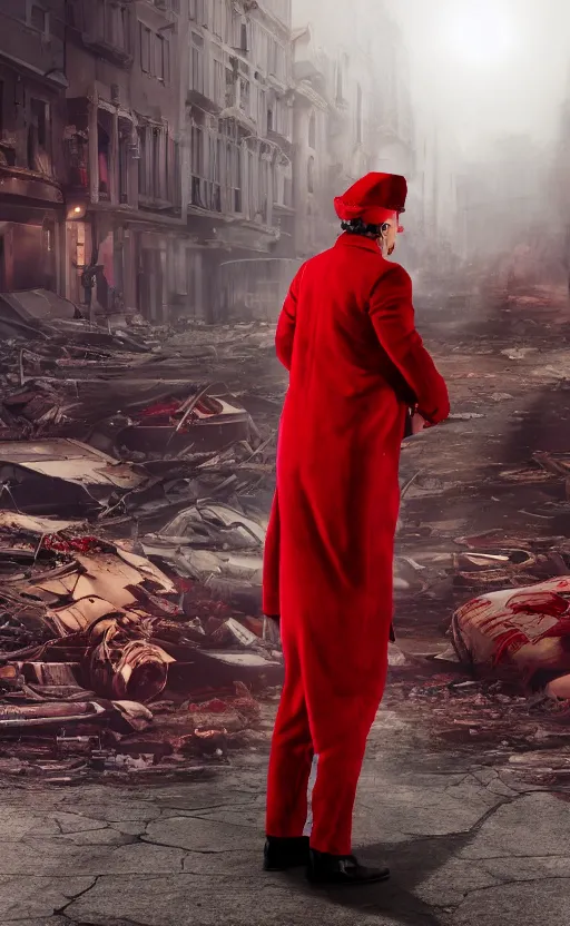 Image similar to cinematic scene of a comedian in red coat performing comedy show on dead bodies in streets of an apocalyptic metropolis destroyed after war, fantasy art, dramatic lighting, insane details