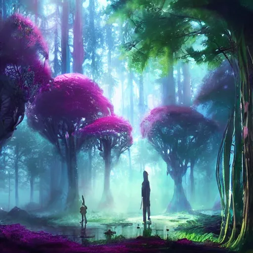 Image similar to concept art painting of a mystical alien fantasy forest, with fog and strange colorful plants, realistic, detailed, cel shaded, magenta and blue and green, in the style of makoto shinkai and greg rutkowski and james gurney