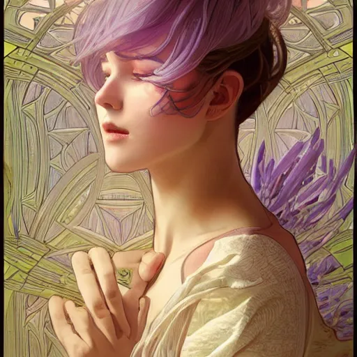 Image similar to smooth organic pattern, lavender, light purple, white, orange and gold, artstation, concept art, smooth, sharp focus, illustration, art by artgerm and greg rutkowski and alphonse mucha and maya takamura and Hitomi Isono