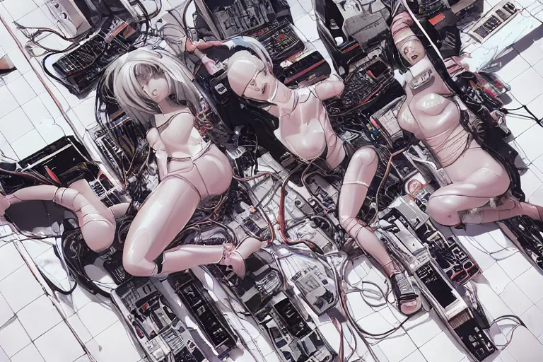 Image similar to a cyberpunk illustration of a group of female androids in style of hajime sorayama, lying on an abstract, empty, white floor with their body parts scattered around and cables and wires coming out, by katsuhiro otomo and masamune shirow, hyper-detailed, intricate, colorful, view from above, wide angle, close up, beautiful