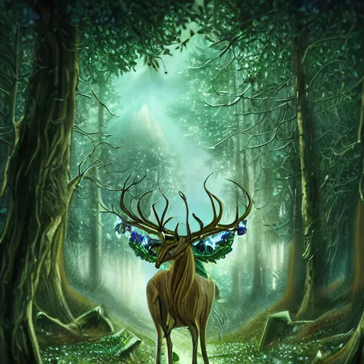 Image similar to beautiful elven celestial stag. beautiful highly detailed forest background. green and blue light. accurate, sci - fi concept art, intricate, elegant, trending on art station 8 k rendering.