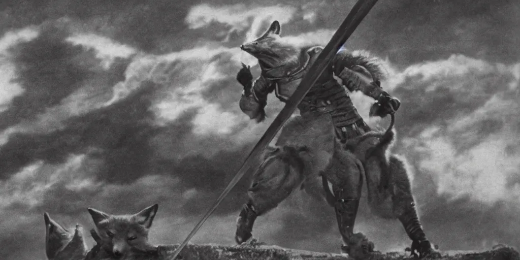Prompt: anthropomorphic fox who is a medieval knight holding a sword towards a stormy thundercloud 1 9 3 0 s film still