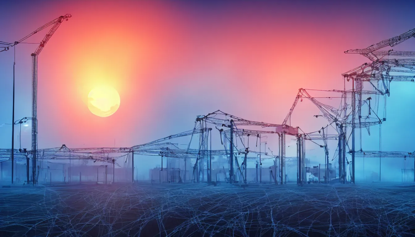 Image similar to huge machine cranes , queues of cars surrounded by barb wire fences, feedback loop , burst of powders ,volumetric lighting, twisting vapour, bellowing dust , emerging seascape and beautiful sunset , full colour , upscale , 4k