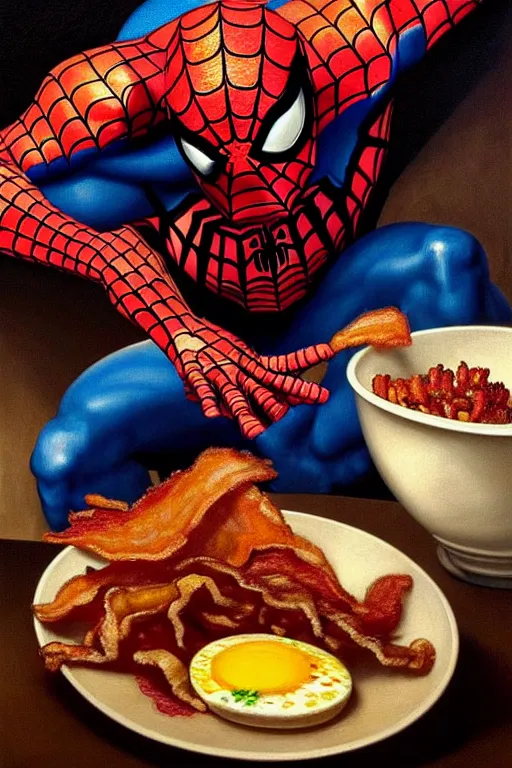 Image similar to spider - man eating fried eggs and bacon, oil painting, high detail, dark lighting, atmospheric, extremely detailed, intricate, da vinci, michelangelo, caravaggio, hans holbein, raphael, donatello, 8 k