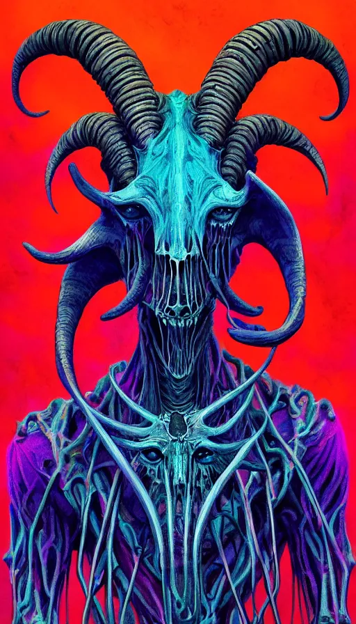 Prompt: a psychedelic portrait of omin dran skeletal mind flayer goat, vibrant color scheme, highly detailed, in the style of romanticism, cinematic, artstation, moebius, buvs, greg rutkowski