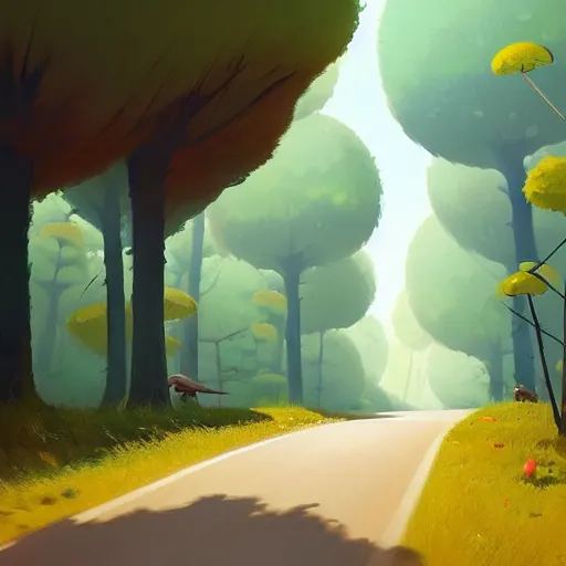 Image similar to goro fujita ilustration road that ends at the entrance of a beautiful forest full of fauna, tall trees, flowers, painting by goro fujita, sharp focus, highly detailed, artstation