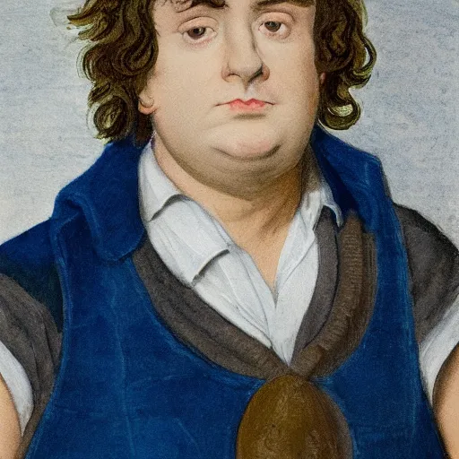 Image similar to close up headshot of a frowning clean shaven pudgy British lad with short curly dark brown hair as a hobbit wearing a white men's crossbody sling chest bag and blue vest, blue vest!! white crossbody chestbag!! high resolution film still, painting by William Blake