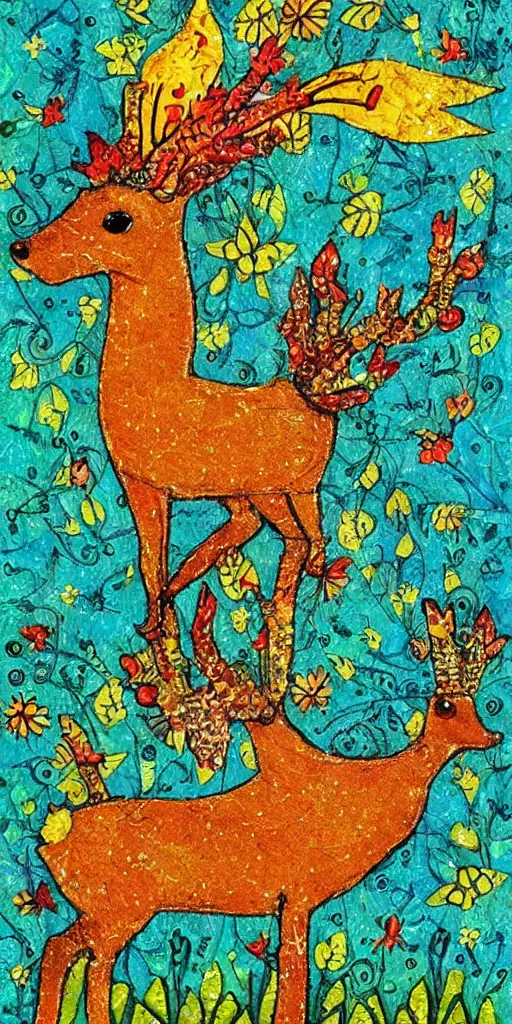 Image similar to tiny golden deer singing, children's book illustration, traditional folk art style, highly reliefed mixed media collage, outsider art, tarot card