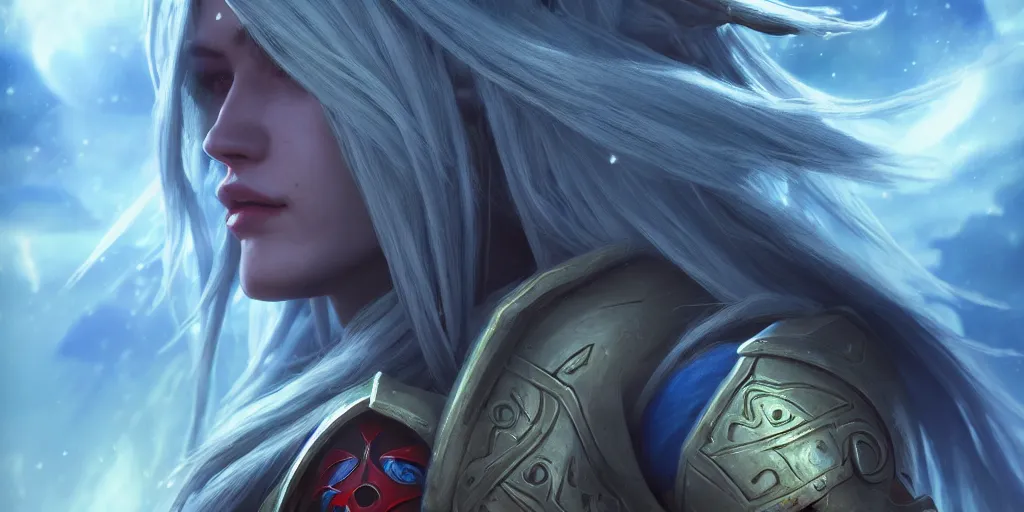 Image similar to hyperrealist portrait of sylvanas windrunner on a blue planet. by bayard wu, fantasy, photorealistic, octane render, unreal engine, dynamic lighting, trending on artstation, poster, volumetric lighting, very detailed faces, 4 k, award winning