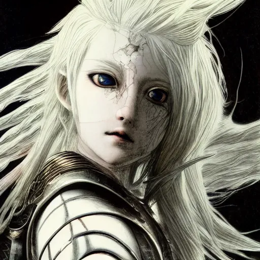 Image similar to Yoshitaka Amano realistic illustration of an anime girl with black eyes, wavy white hair fluttering in the wind and cracks on her face wearing Elden ring armour with engraving, abstract black and white patterns on the background, noisy film grain effect, highly detailed, Renaissance oil painting, weird portrait angle, blurred lost edges, three quarter view