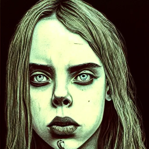 Prompt: grunge drawing of billie eilish by - Zdzisław Beksiński , pixel art style, horror themed, detailed, elegant, intricate