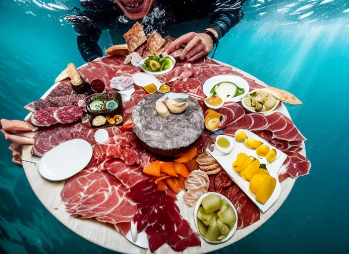 Prompt: underwater photo still of a great white shark eating a charcuterie platter, 8 k