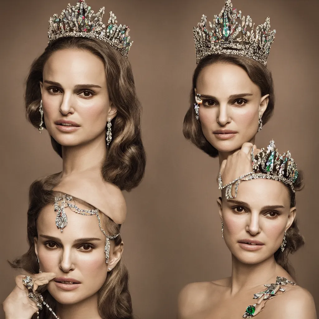 Prompt: natalie portman as the queen of england, big crown adorned with emerald, diamonds, topaz and other jewellaries, sensual, beautiful soft light failling on her face, zoomed out, studio photography, nikon 3 5 mm portrait photography, ultra realistic