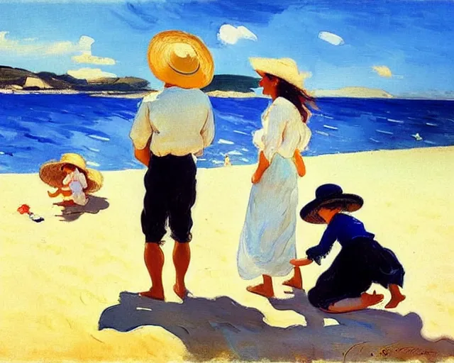 Image similar to a couple and a girl toddler on a beach in sardinia looking at a sailing boat, the man is wearing a panama hat, the woman has long dark hair, white sand, blue sky, summer, white and blue, painting by joaquin sorolla