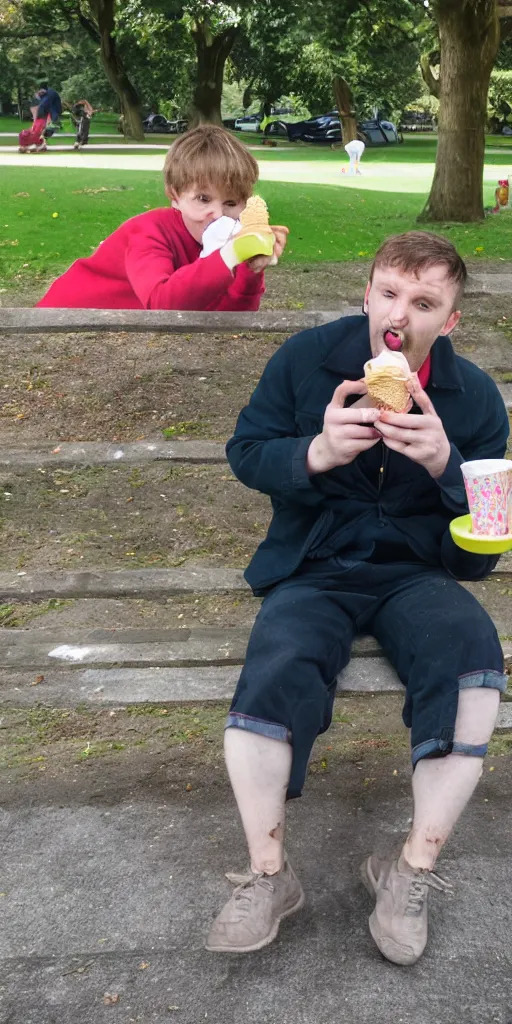 Prompt: colour photograph of a 3 0 year old british man eating ice cream at the park