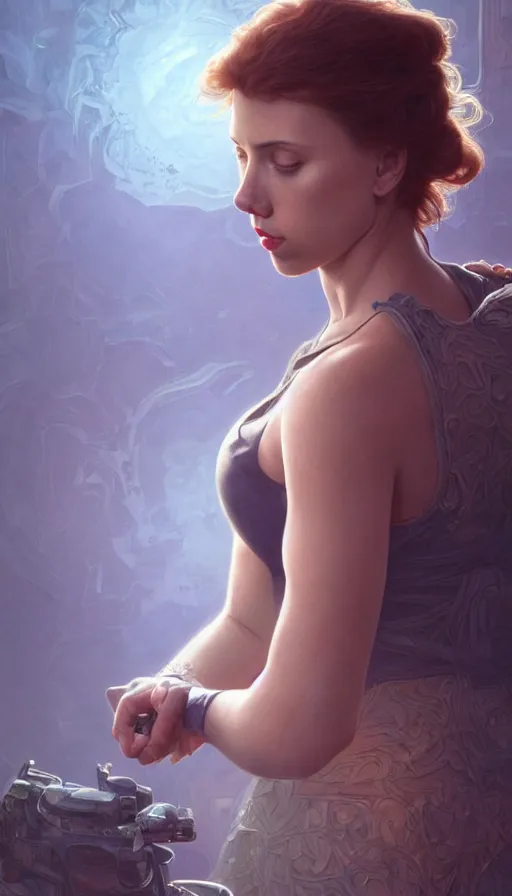 Image similar to scarcity, fibonacci, sweat drops, insane, scarlett johansson, intricate, highly detailed, digital painting, artstation, concept art, smooth, sharp focus, illustration, Unreal Engine 5, 8K, art by artgerm and greg rutkowski and alphonse mucha