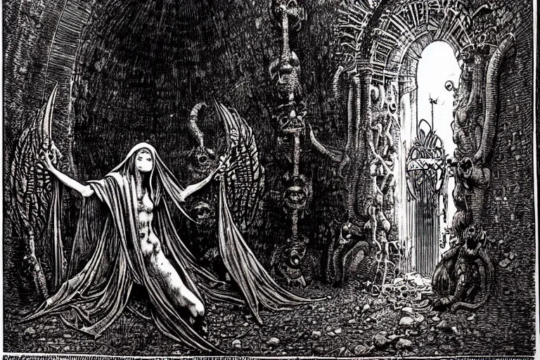 Prompt: fallen angel begs to enter the gates of hell by philippe druillet and gustave dore and les edwards and moebius and hieronymus bosch