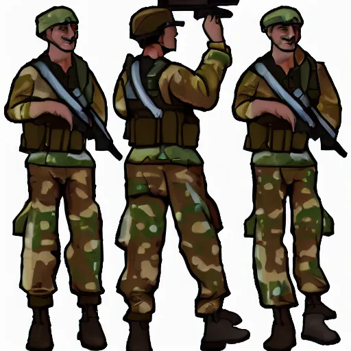 Prompt: A sprite sheet for an animation of a soldier walking with a gun, transparent background, photo realistic, 8k