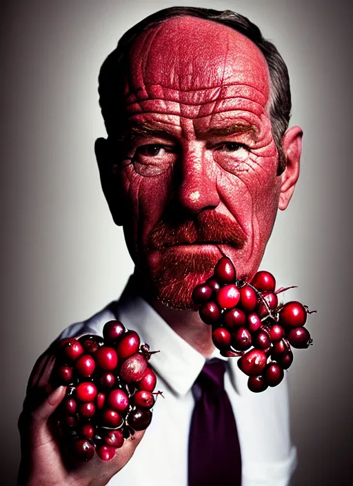 Image similar to cranberries fused with bryan cranston's face, red berry skin, cranberry helmet, studio light, bloom, detailed face, magazine, press, photo, steve mccurry, david lazar, canon, nikon, focus