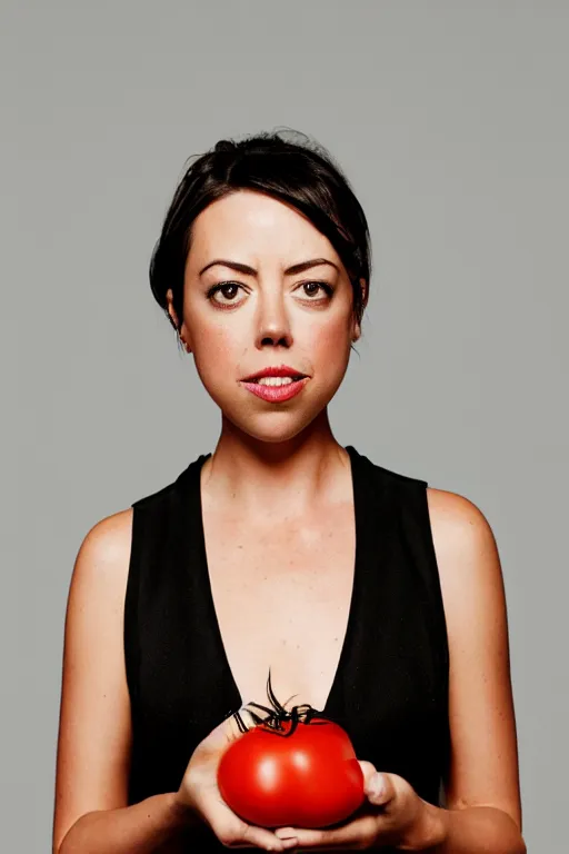 Image similar to photo of Aubrey Plaza with a tomato chin, portrait, 3/4 view, Refined, Detailed professional photo, 50mm lens, Canon eos, blurry distant background, Highly Detailed, Cinematic Lighting, 8k