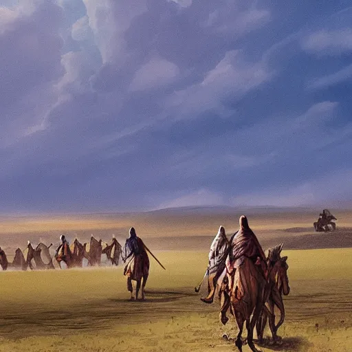 Image similar to nomads storming through flatlands, illustration, realistic