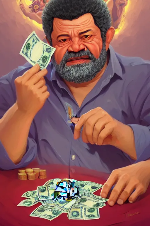 Image similar to a highly detailed beautiful portrait of Luiz Inácio Lula da Silva in Hell wearing a hawaiian shirt, counting money in front of people, highly detailed, 2d game fanart behance hd by Jesper Ejsing, by RHADS, Makoto Shinkaih and Lois van baarle, ilya kuvshinov, rossdraws global illumination, cinematic , hyper-reslistic, depth of field, coherent, high definition, 8k resolution octane renderer, artstation