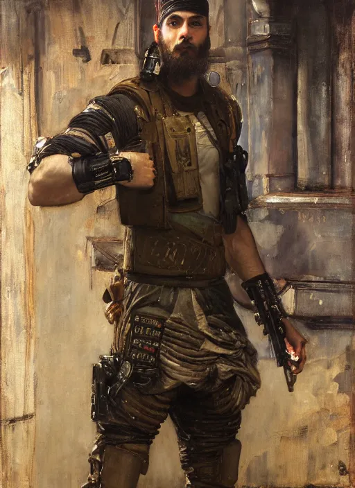 Image similar to beautiful cyberpunk mercenary wearing military vest. Iranian orientalist portrait by john william waterhouse and Edwin Longsden Long and Theodore Ralli and Nasreddine Dinet, oil on canvas. Cinematic, hyper realism, dramatic lighting, high detail 4k